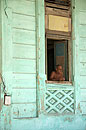 Aqua walls and Man at window